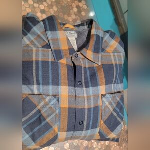 L.L. Bean Men's Blue and Orange Plaid Shirt Katahdin Performance Flannel
